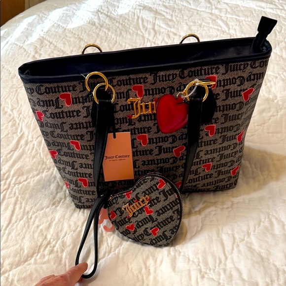 Juicy Couture Black and Red Heart Print Tote and matching wristlet set. - Picture 10 of 10